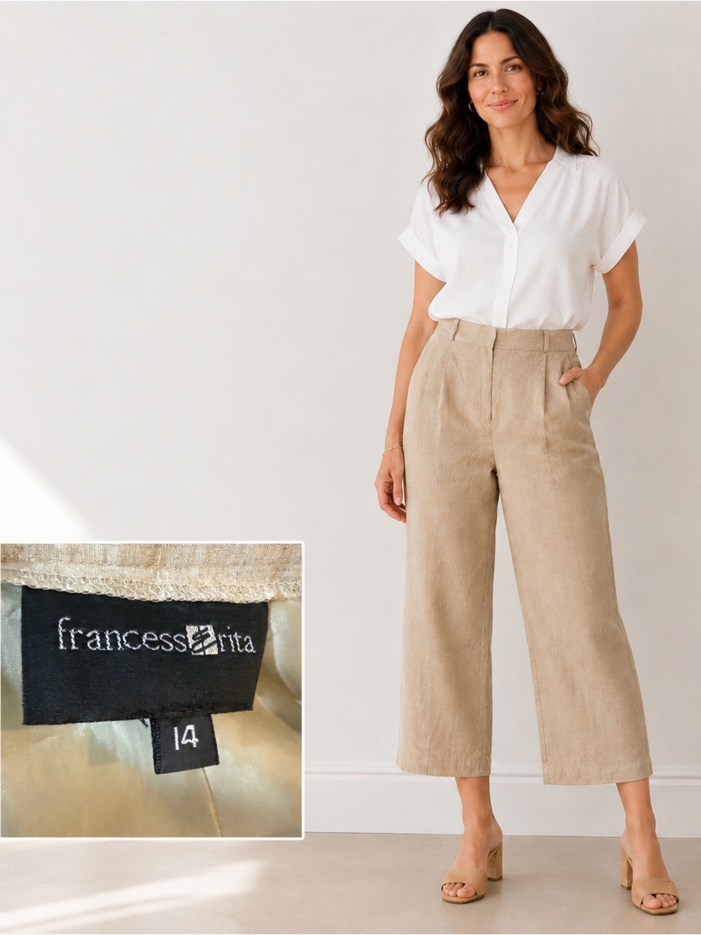 Francess Erita Linen Blend silk Cropped Wide Leg Pants Beige Career Casual/14